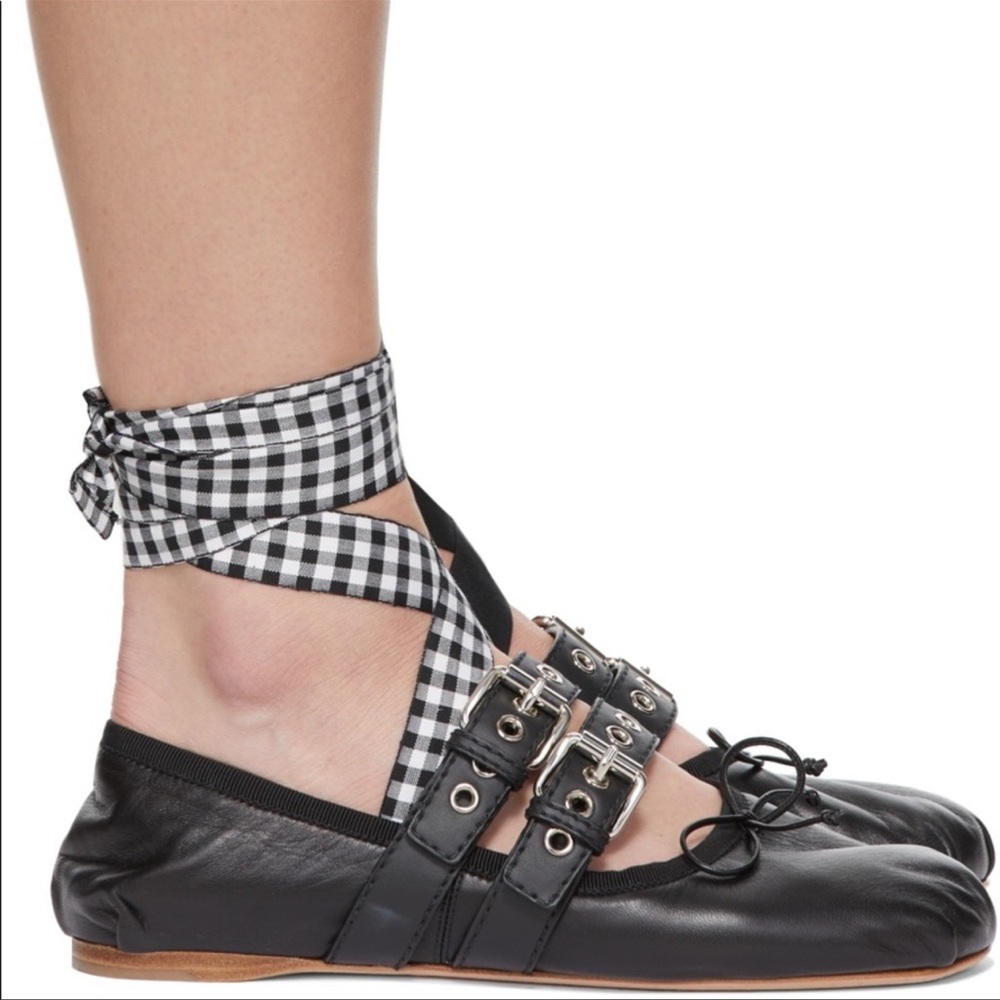 Miu Miu Ribbon Strap Mary Jane Leather Ballet Flats - Picture 1 of 12